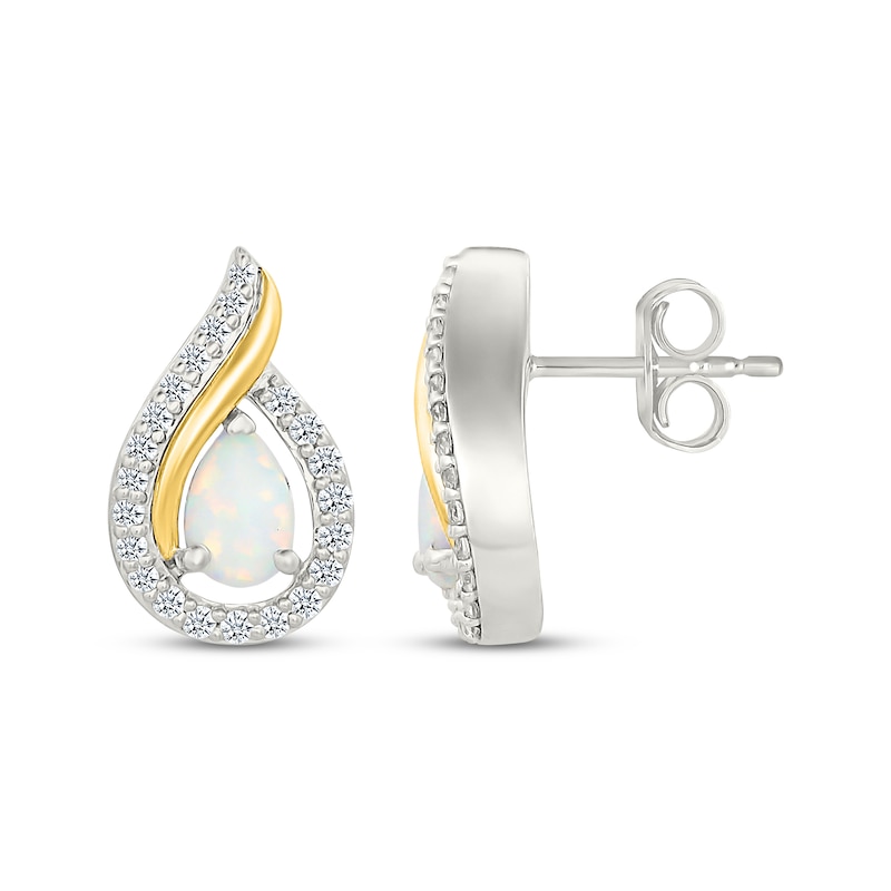 Main Image 3 of Pear-Shaped Lab-Created Opal & White Lab-Created Sapphire Flame Earrings Sterling Silver & 10K Yellow Gold