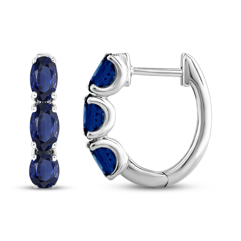 Main Image 1 of Oval-Cut Blue Lab-Created Sapphire Three-Stone Hoop Earrings