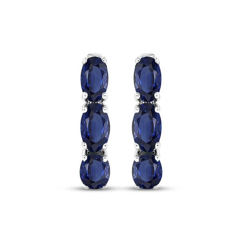 Main Image 2 of Oval-Cut Blue Lab-Created Sapphire Three-Stone Hoop Earrings