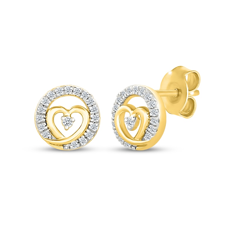 Main Image 1 of Diamond Heart Halo Stud Earrings 1/10 ct tw 10K Yellow Gold