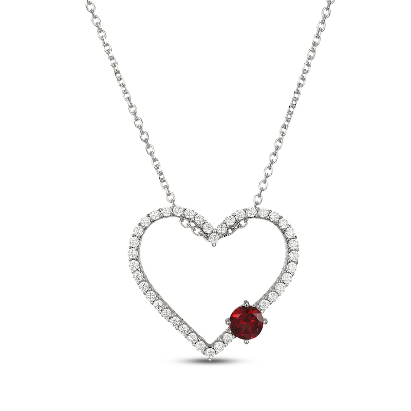 Main Image 1 of Garnet & White Lab-Created Sapphire Heart Necklace Sterling Silver 18"