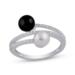 Cultured Pearl & White Lab-Created Sapphire Ring Sterling Silver