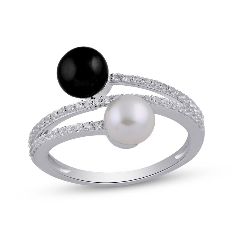 Main Image 1 of Cultured Pearl & White Lab-Created Sapphire Ring Sterling Silver