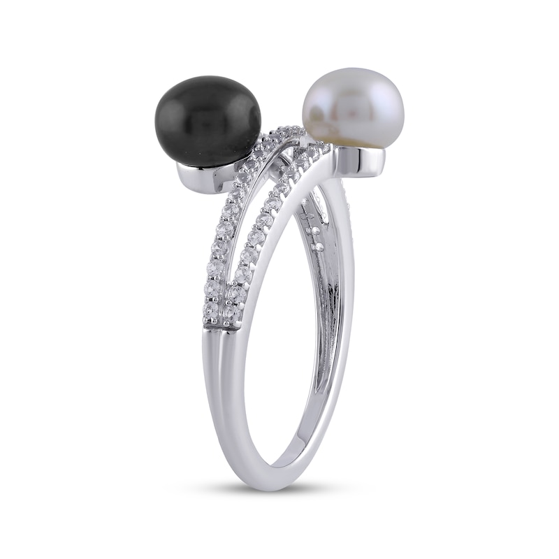 Main Image 2 of Cultured Pearl & White Lab-Created Sapphire Ring Sterling Silver