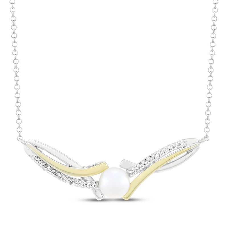 Main Image 1 of Cultured Pearl & White Lab-Created Sapphire Curved Bar Necklace Sterling Silver & 10K Yellow Gold 18"