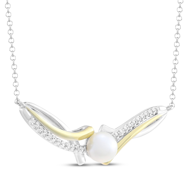 Main Image 2 of Cultured Pearl & White Lab-Created Sapphire Curved Bar Necklace Sterling Silver & 10K Yellow Gold 18"