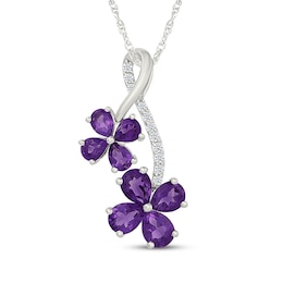 Pear-Shaped Amethyst & White Lab-Created Sapphire Flower Necklace Sterling Silver 18"
