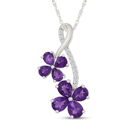Pear-Shaped Amethyst & White Lab-Created Sapphire Flower Necklace Sterling Silver 18"