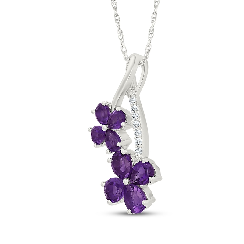 Main Image 2 of Pear-Shaped Amethyst & White Lab-Created Sapphire Flower Necklace Sterling Silver 18"