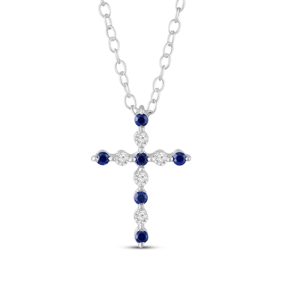 Blue & White Lab-Created Sapphire Cross Necklace Sterling Silver 18"