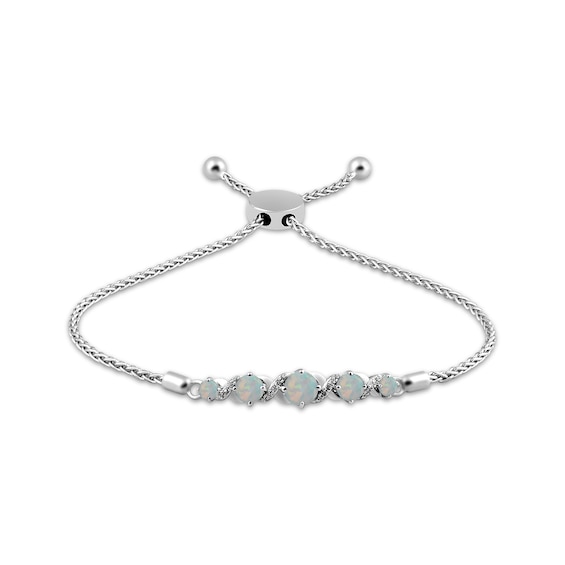 Lab-Created Opal & White Lab-Created Sapphire Bolo Bracelet Sterling Silver 9.5"