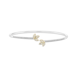 Diamond Leaf Bangle Cuff Bracelet 1/4 ct tw Sterling Silver & 10K Yellow Gold