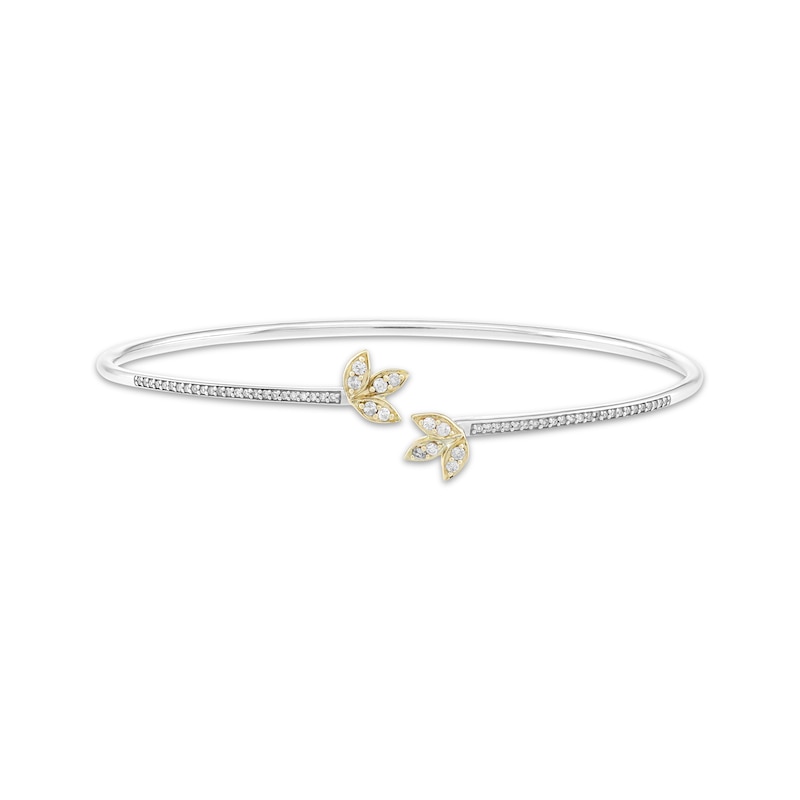 Main Image 1 of Diamond Leaf Bangle Cuff Bracelet 1/4 ct tw Sterling Silver & 10K Yellow Gold