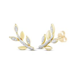 Round-Cut Diamond Leaf & Vine Stud Cimber Earrings 1/10 ct tw 10K Yellow Gold