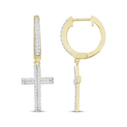 Diamond Hoop Drop Cross Earrings 1/4 ct tw 10K Yellow Gold
