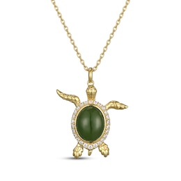 Nephrite Jade & White Lab-Created Sapphire Sea Turtle Necklace 18K Yellow Gold-Plated Sterling Silver 18"