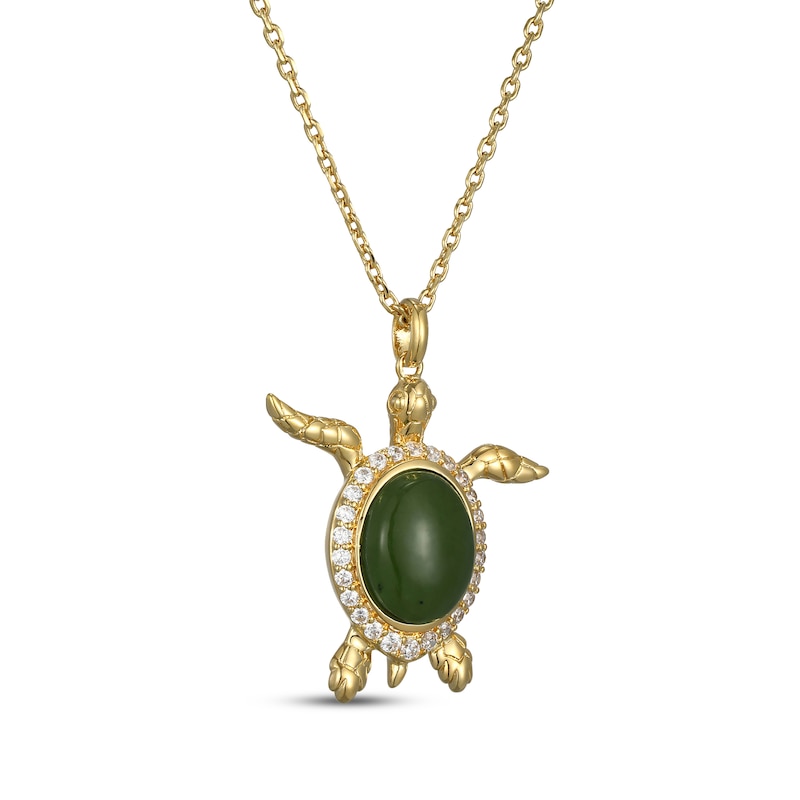 Main Image 2 of Nephrite Jade & White Lab-Created Sapphire Sea Turtle Necklace 18K Yellow Gold-Plated Sterling Silver 18"