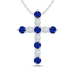 Blue Lab-Created Sapphire & Lab-Created Opal Cross Necklace Sterling Silver 18"