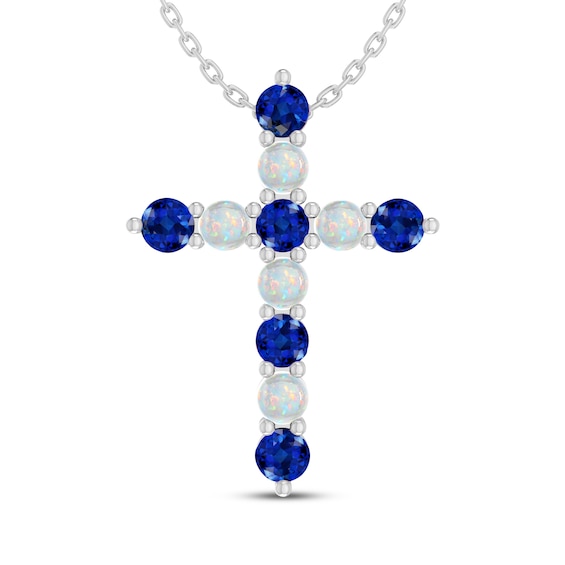Blue Lab-Created Sapphire & Lab-Created Opal Cross Necklace Sterling Silver 18"