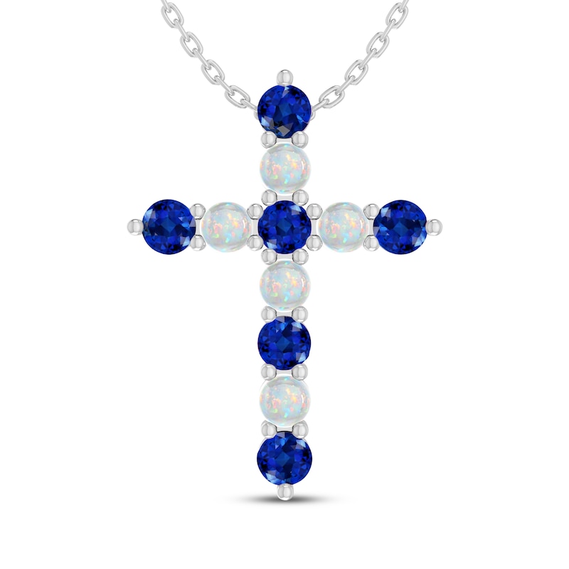 Main Image 1 of Blue Lab-Created Sapphire & Lab-Created Opal Cross Necklace Sterling Silver 18"