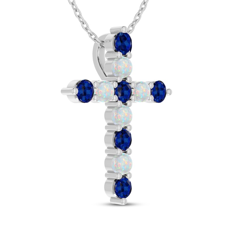 Main Image 2 of Blue Lab-Created Sapphire & Lab-Created Opal Cross Necklace Sterling Silver 18"