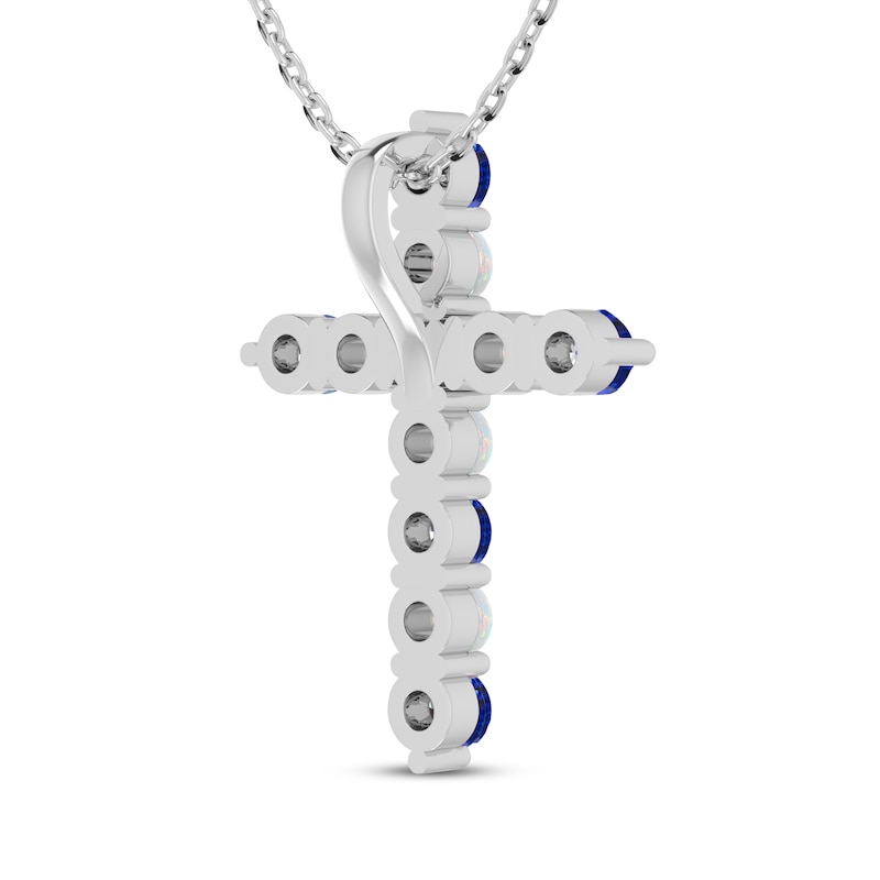 Main Image 3 of Blue Lab-Created Sapphire & Lab-Created Opal Cross Necklace Sterling Silver 18"