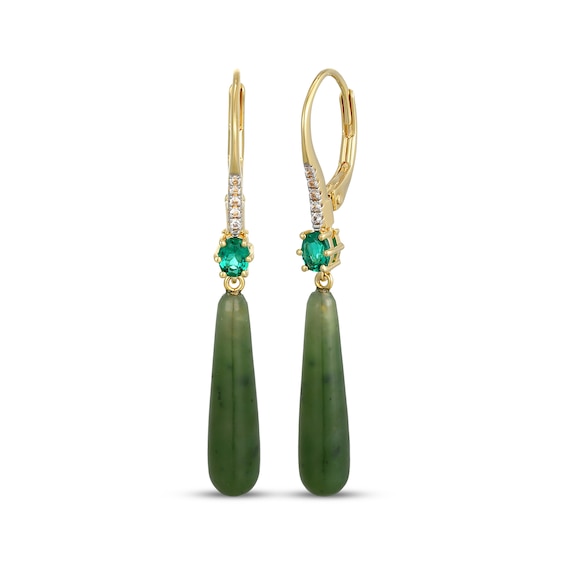 Pear-Shaped Jade, Oval-Cut Lab-Created Emerald & White Lab-Created Sapphire Drop Earrings 18K Yellow Gold-Plated Sterling Silver