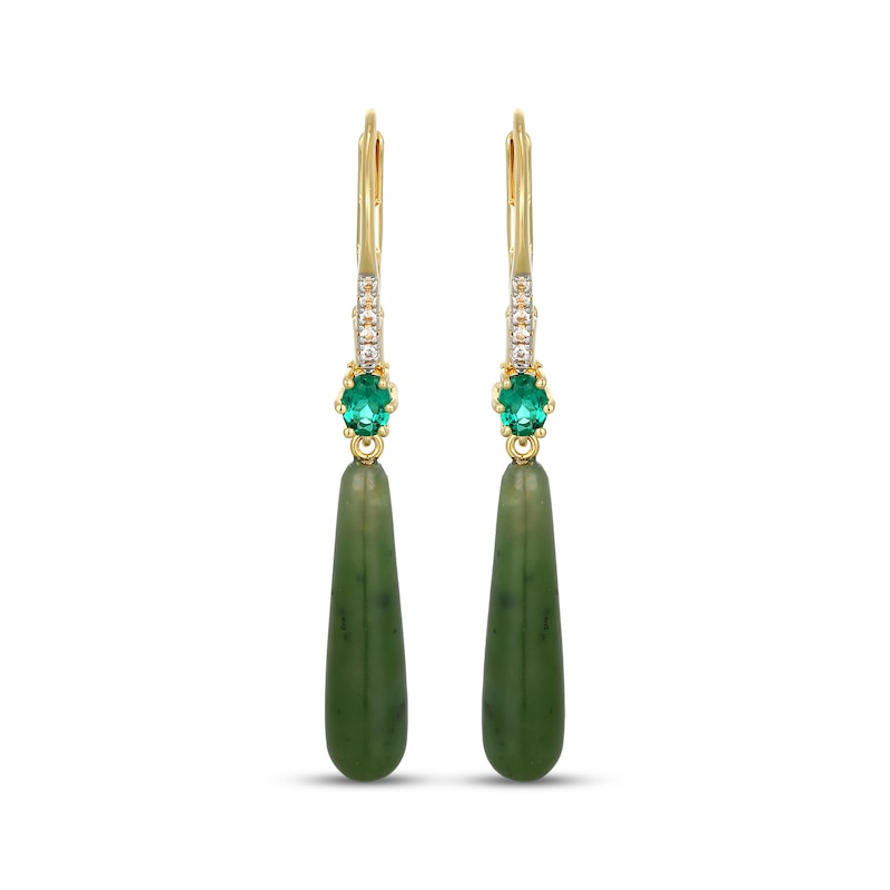 Main Image 2 of Pear-Shaped Jade, Oval-Cut Lab-Created Emerald & White Lab-Created Sapphire Drop Earrings 18K Yellow Gold-Plated Sterling Silver
