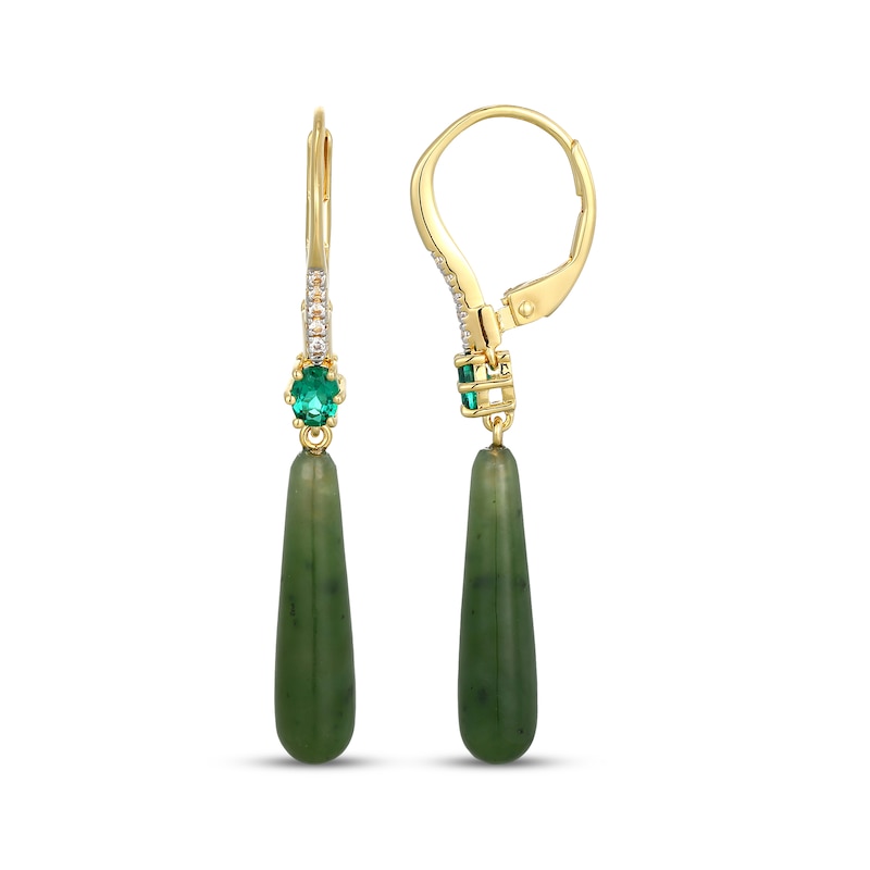 Main Image 3 of Pear-Shaped Jade, Oval-Cut Lab-Created Emerald & White Lab-Created Sapphire Drop Earrings 18K Yellow Gold-Plated Sterling Silver