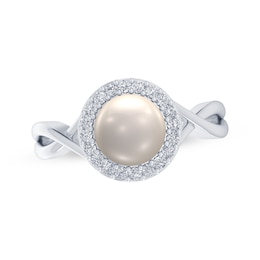 Cultured Pearl & White Lab-Created Sapphire Halo Ring Sterling Silver