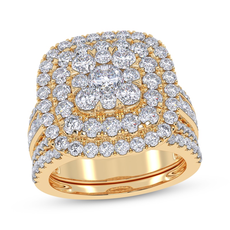 Main Image 1 of Adore Lab-Grown Diamonds Multi-Stone Cushion-Shaped Double Halo Bridal Set 3 ct tw 14K Yellow Gold