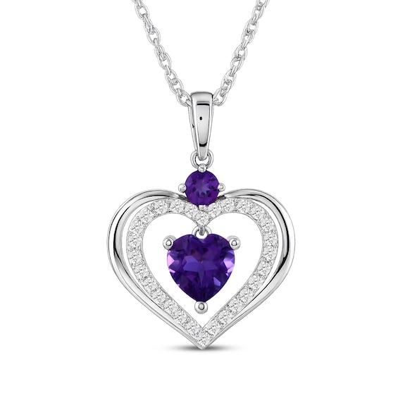 Heart-Shaped Amethyst & White Lab-Created Sapphire Necklace Sterling Silver 18"