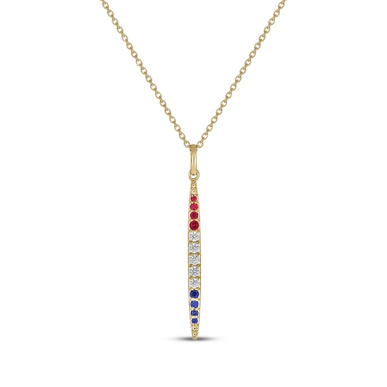 Patriotic Diamond, Lab-Created Ruby & Blue Lab-Created Sapphire Marquise Drop Necklace 1/10 ct tw 24K Yellow Gold Vermeil Sterling Silver 18"