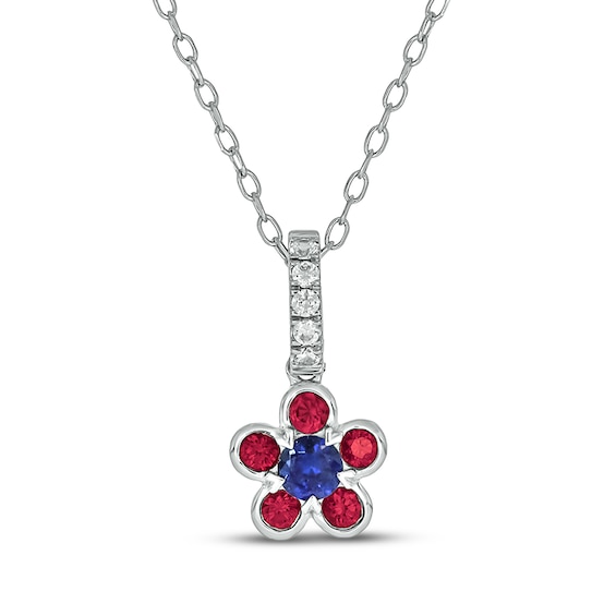 Patriotic Blue Lab-Created Sapphire, Lab-Created Ruby & Diamond Flower Necklace 1/20 ct tw Sterling Silver 18"