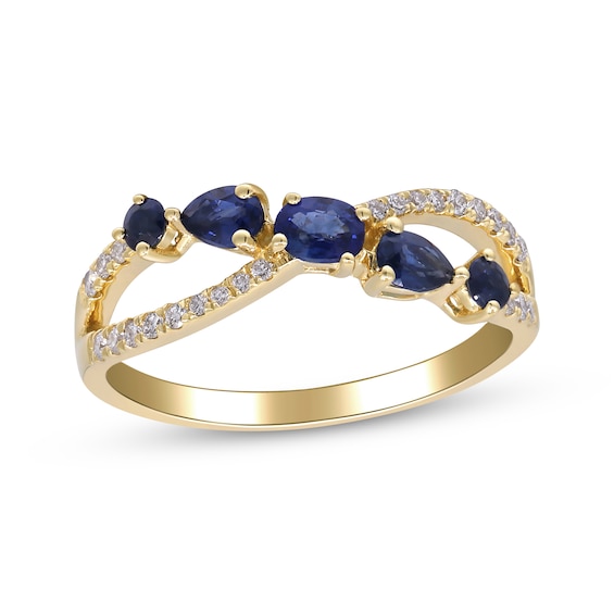Multi-Shape Natural Sapphire & Diamond Crossover Ring 1/8 ct tw 10K Yellow Gold
