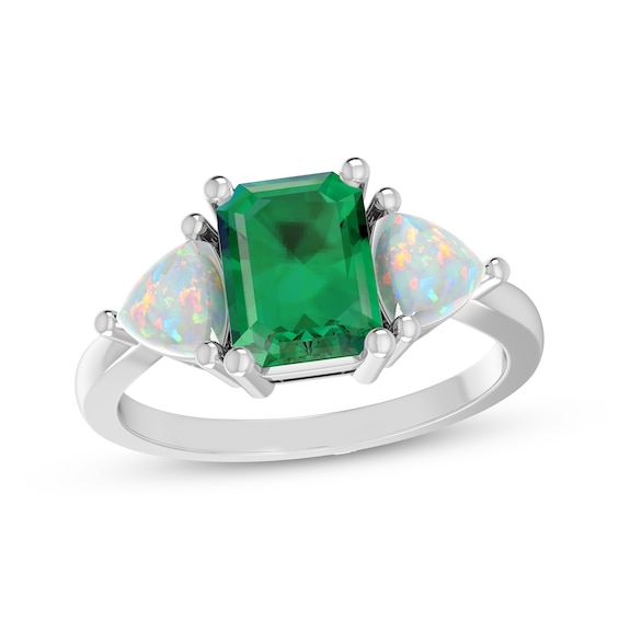 Emerald-Cut Lab-Created Emerald & Trillion-Cut Lab-Created Opal Ring Sterling Silver