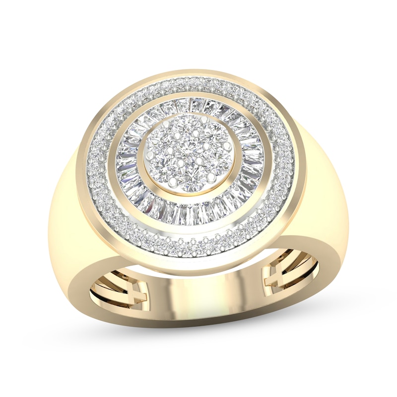 Men's Multi-Diamond Center Signet Ring 1 ct tw Round & Baguette-cut 10K Yellow Gold