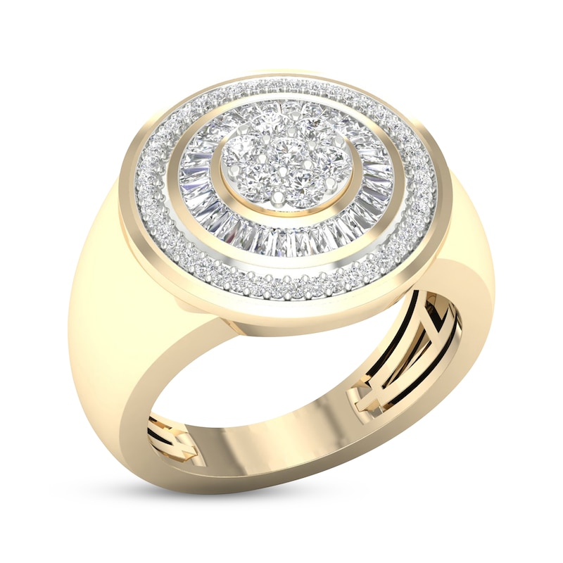 Men's Multi-Diamond Center Signet Ring 1 ct tw Round & Baguette-cut 10K Yellow Gold