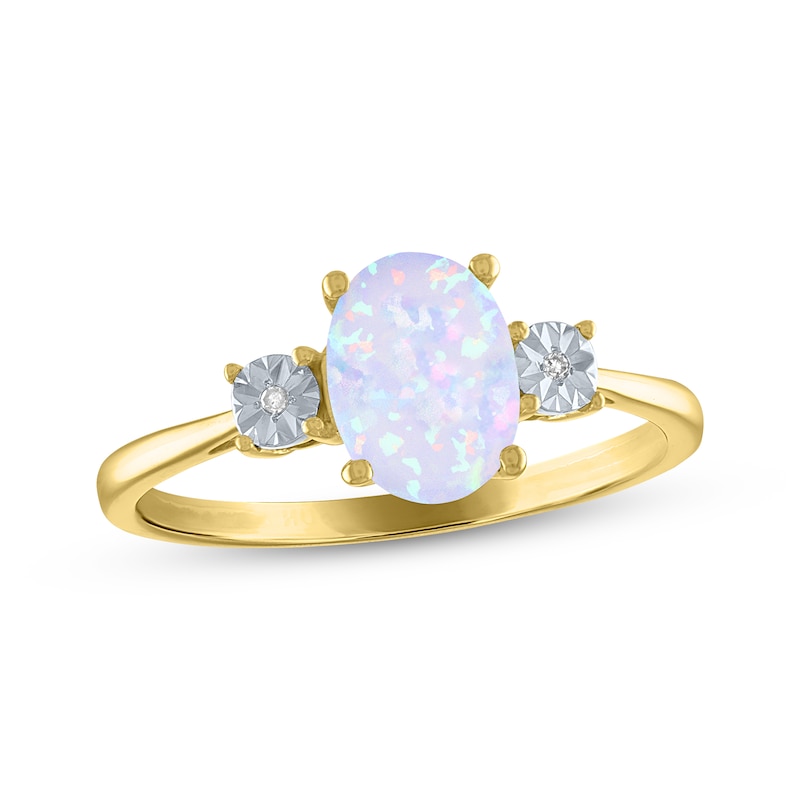 Main Image 1 of Oval-Cut Lab-Created Opal & Diamond Ring 10K Yellow Gold