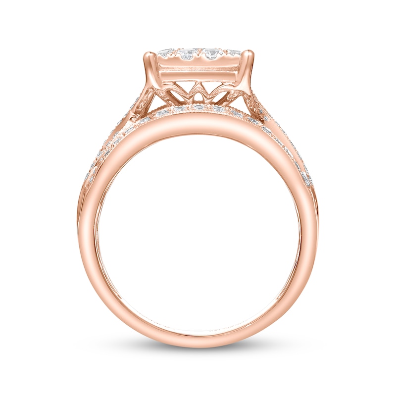 Multi-Diamond Center Vintage Style Engagement Ring 1-1/5 ct tw 14K Rose Gold