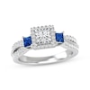 Thumbnail Image 1 of Memories Moments Magic Princess & Round Cut Diamond and Square-Cut Blue Sapphire Three-Stone Engagement Ring 3/4 ct tw 14K White Gold