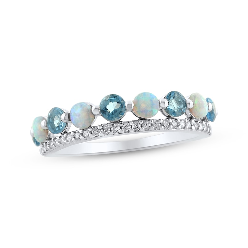 Swiss Blue Topaz, Lab-Created Opal & White Lab-Created Sapphire Two-Row Ring Sterling Silver