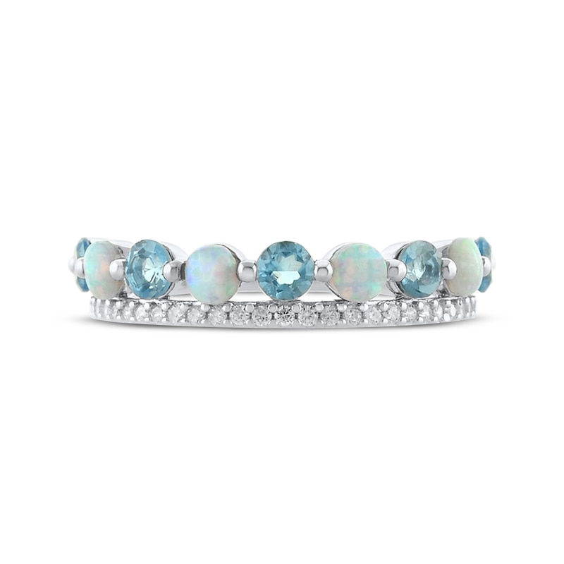 Swiss Blue Topaz, Lab-Created Opal & White Lab-Created Sapphire Two-Row Ring Sterling Silver