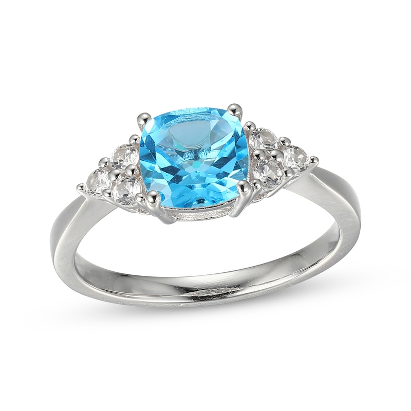 Main Image 1 of Cushion-Cut Swiss Blue Topaz & White Lab-Created Sapphire Ring Sterling Silver