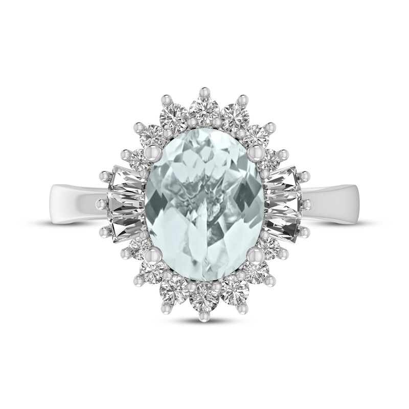 Main Image 3 of Oval-Cut Aquamarine & White Lab-Created Sapphire Starburst Ring Sterling Silver