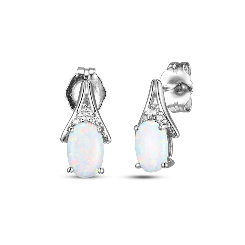 Main Image 1 of Oval-Cut Lab-Created Opal & White Lab-Created Sapphire Earrings Sterling Silver