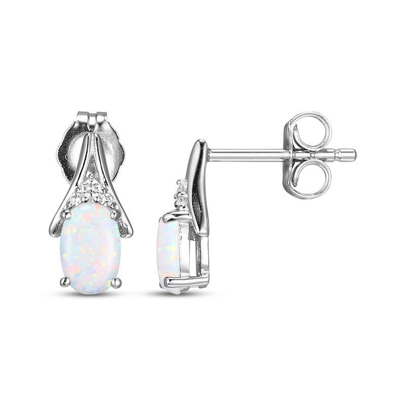Main Image 3 of Oval-Cut Lab-Created Opal & White Lab-Created Sapphire Earrings Sterling Silver