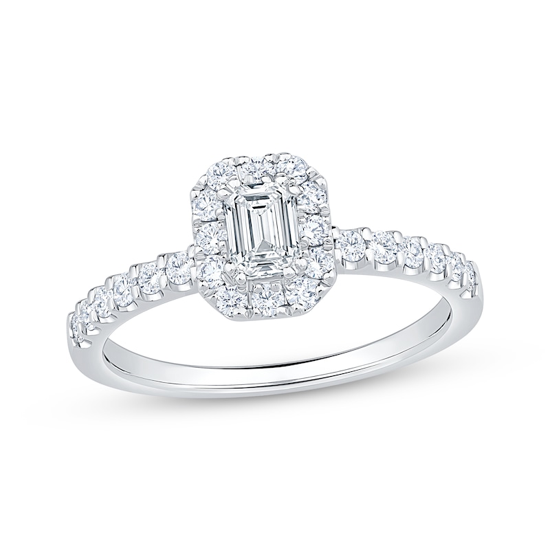 Main Image 1 of Adore Emerald-Cut Diamond Halo Engagement Ring 3/4 ct tw 14K White Gold