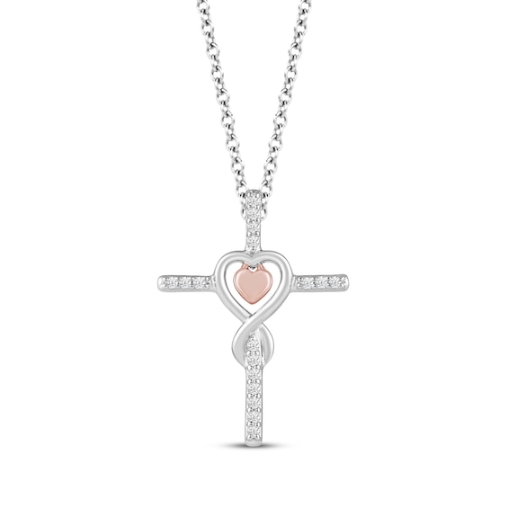 Hallmark Diamond Cross with Heart Necklace 1/10 ct tw Sterling Silver & 10K Rose Gold 18"