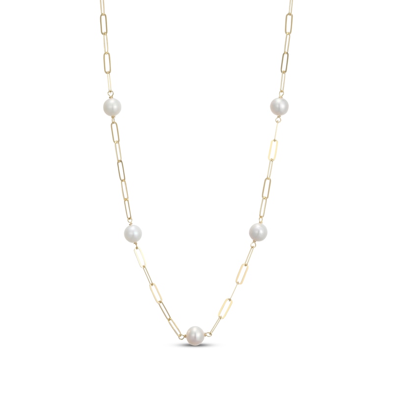 Main Image 1 of Cultured Pearl Station Paperclip Necklace 18K Yellow Gold-Plated Sterling Silver 17"